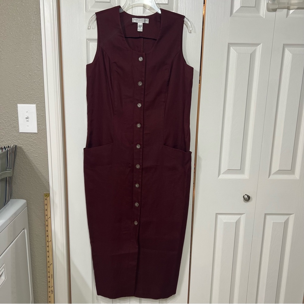 Valerie Steven Linen Button Vintage 90s Dress 12 Sleevless Wine Maroon Aubergin